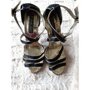 Sarah Jayne Ankle Strap Heels Size 6.5 Black Gold Dressy Heeled Sandal